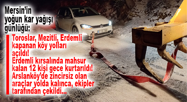 KAR HIZINI ARTTIRDI… ERDEMLİ’DE YOLDA MAHSUR KALAN 12 KİŞİ VE ARSLANKÖY’DE ZİNCİRİ OLMAYAN ARAÇLAR KURTARILDI!